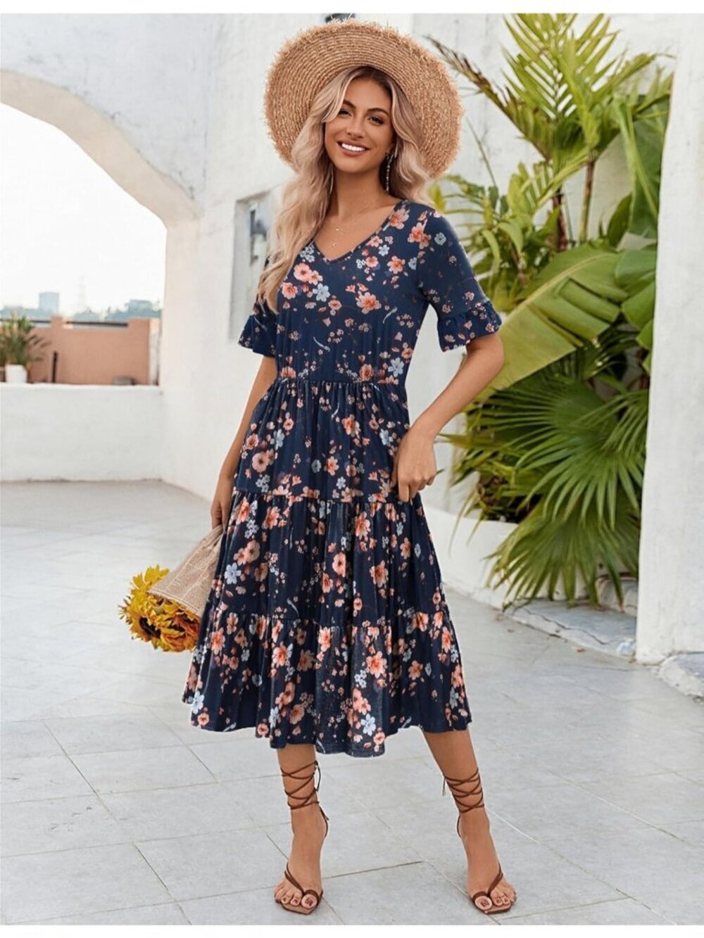 Zeagoo Women's Navy Blue Floral Tiered Casual Neck Ruffle Short Midi Maxi Dress - Picture 4 of 6